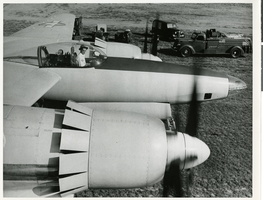 Photograph of Howard Hughes in the cockpit of the XF-11 preparing for his first test flight in Culver City, California July 7, 1947