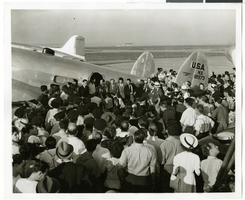Photograph of Howard Hughes and his crew in Floyd Bennett Field, New York, July 10, 1938