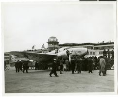 Photograph of crowds surrounding the Lockheed 14 aircraft at Le Bourget Airfield, France, July 1938