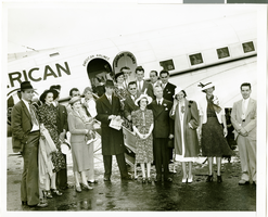 Photograph of Howard Hughes and others at Newark Airport, New Jersey, July 21, 1938