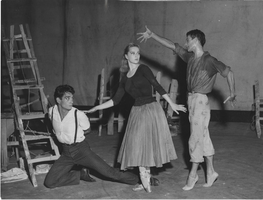 Photograph of Vassili Sulich, Tessa Beaumont and an unidentified male dancer performing in the ballet "L'Echelle," Paris, France, 1956