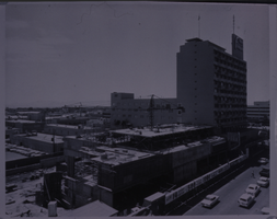 Black and white view of the Fremont Hotel under construction.