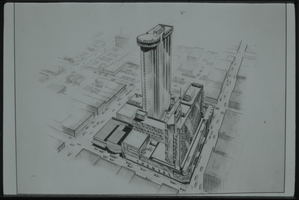 Black and white drawing of the Fremont Hotel.