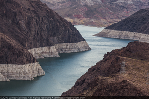 Photograph of an upstream view of Lake Mead as seen from the top of Sugarloaf Mountain near the Arizona-Nevada border, July 30, 2010