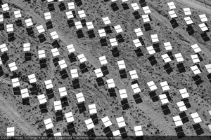 Photograph of installed heliostats in horizontal or "safe mode", June 2, 2012
