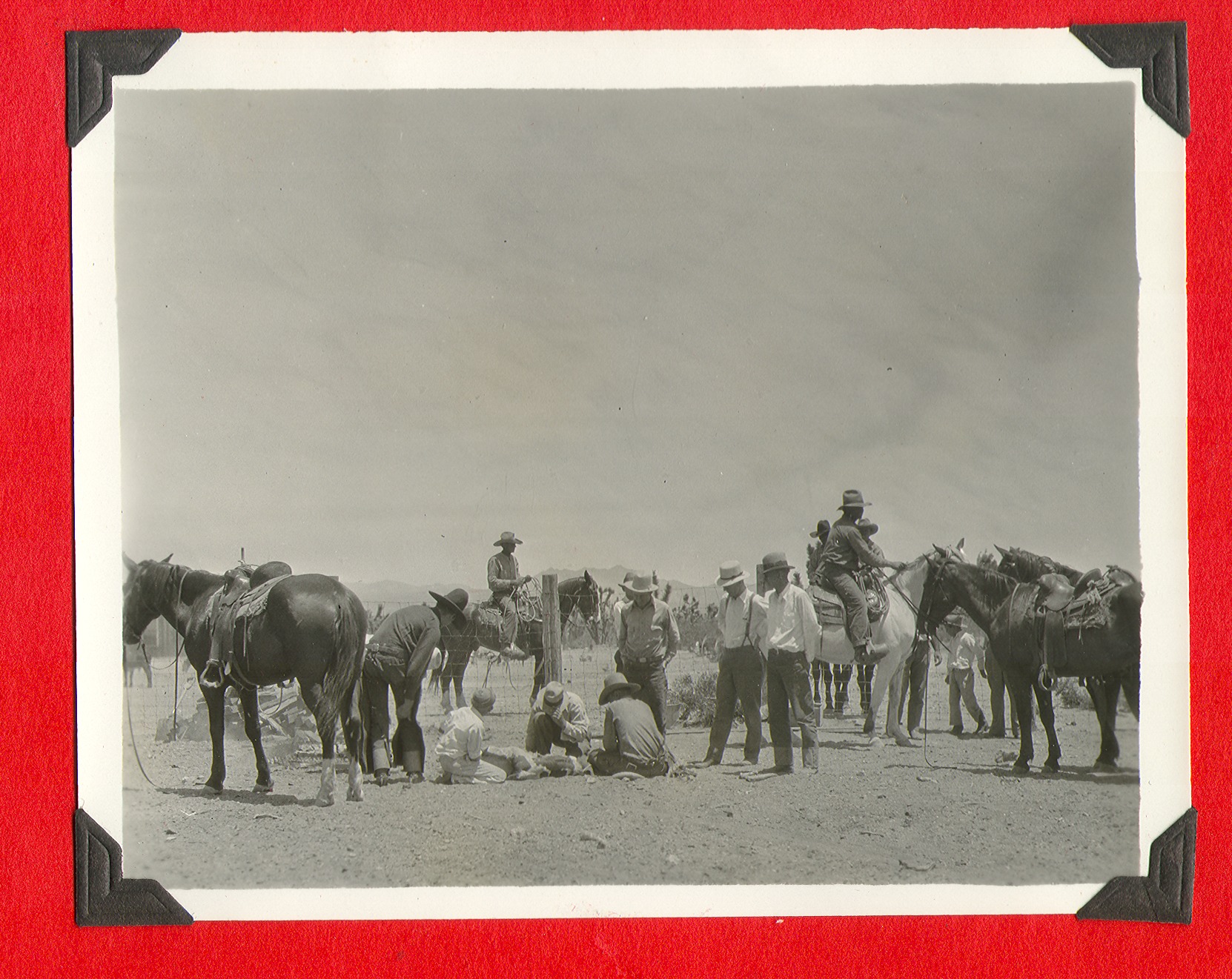 Rex Bell with men and horses on the ranch: photographic print