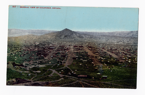 Postcard of a view of Goldfield and Columbia Mountain, Goldfield (Nev.), 1900-1925