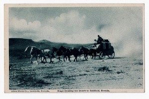 Postcard of a stagecoach on the road to Goldfield (Nev.), 1900-1925