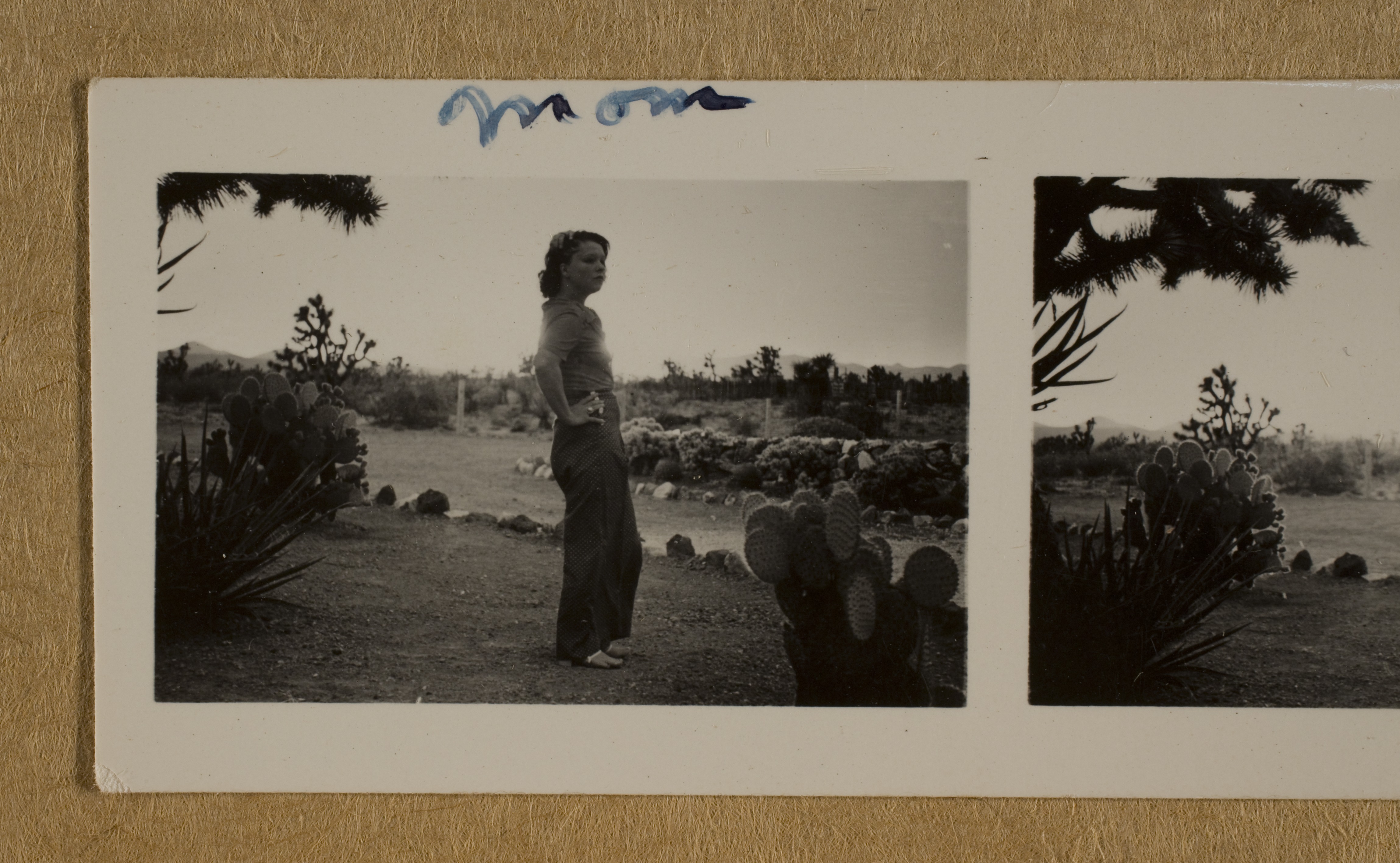 Clara Bow at Walking Box Ranch, Nevada in front of Ranch house. Rock gardens are in the background: photographic print