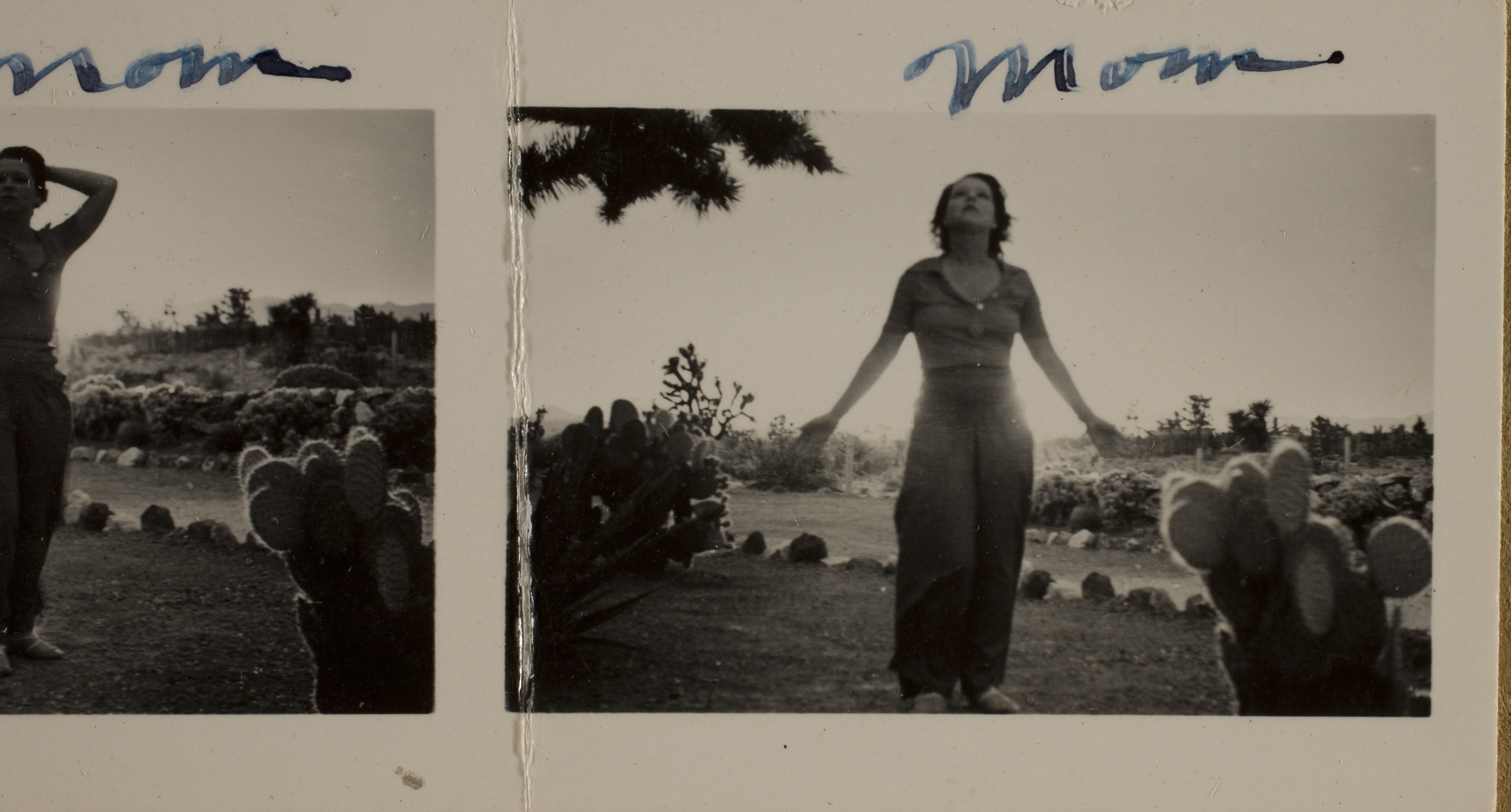 Clara Bow at Walking Box Ranch, Nevada in front of Ranch house." Rock gardens are in the background: photographic print