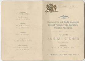 Hammersmith and North Kensington Licensed Victuallers' and Beersellers' Protection Association 4th annual dinner, menu, Thursday, October 29, 1896, Hotel Cecil