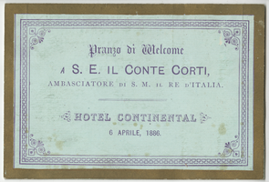 Welcome lunch for Conte Corti, menu, April 6, 1886, Hotel Continental