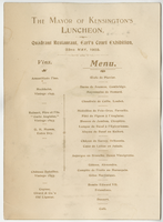 The Mayor of Kensington's luncheon, menu, May 23, 1903, at Earl's Court Exhibition, Quadrant restaurant
