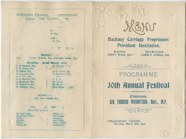 Hackney Carriage Proprietors' Provident Institution 30th Annual Festival menu, Thursday, March 26, 1903, at Freemasons' Tavern