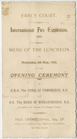 Opening ceremony of the International Fire Exhibition, luncheon menu, May 6, 1903, at Earl's Court