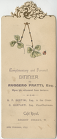 Menu for complimentary and farewell dinner to Ruggero Pratti, Esq., October 26, 1897, at Café Royal