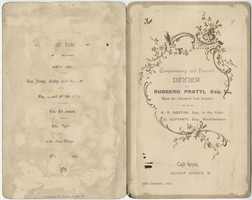 Menu for complimentary and farewell dinner for Ruggero Pratti, Esq., October 26, 1897, at Café Royal