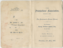 Printsellers' Association 17th annual dinner, menu, Thursday, May 9, 1901, at Café Royal