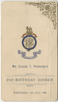 Mr. Claude S. Pownceby's 21st birthday dinner, menu, Wednesday, July 14, 1897, at Café Royal