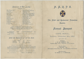 Hotel and Restaurant Protection Society annual banquet, menu, Sunday, December 8, 1901, at Café Royal