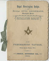 Royal Kensington Lodge installation banquet, menu, Friday, November 6, 1896, at Freemasons' Tavern