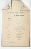 Mr. & Mrs. Henry Apfel, event, supper, menu, Tuesday, December 6, 1898, at Trocadero Restaurant