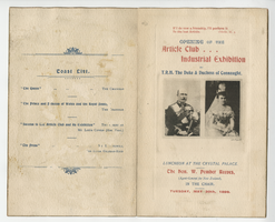 Opening of the Article Club Industrial Exhibition, luncheon, menu, Tuesday, May 30, 1899, at Crystal Palace