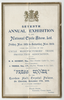 Seventh annual exhibition by the National Cycle Show, LTD., press dinner, menu, Thursday, November 17, 1898, at Crystal Palace Garden Hall