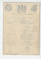 Mr. & Mrs. John Cohen and Mr. & Mrs. Louis Levoi, event, supper menu, Wednesday, September 28, 1898, at Trocadero Restaurant
