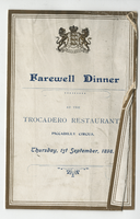 Farewell dinner, menu, Thursday, September 1, 1898, at Trocadero Restaurant