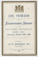 The Cereals anniversary dinner, menu, October 20, 1898, at Trocadero Restaurant