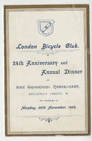 London Bicycle Club, 24th anniversary and annual dinner, menu, Monday, November 28, 1898, at Trocadero Restaurant