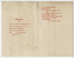 Menu for the dinner to William Senior, Esq, Saturday, October 21, 1899, at Trocadero Restaurant