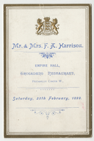Mr. and Mrs. F. A. Harrison, event, menu, Saturday, February 25, 1899, at Trocadero Restaurant, Empire Hall
