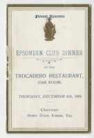 Epsomian Club dinner, menu, Thursday, December 8, 1898, at Trocadero Restaurant, Oak room