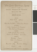 West London Philanthropic Society, ladies' banquet, menu, March 5, 1890, at Olympia