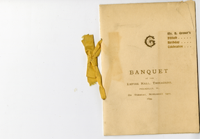 Mr. B. Gromer's fiftieth birthday celebration, banquet menu, Tuesday, November 14, 1899, at Trocadero Restaurant, Empire Hall