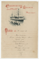 Unknown steamship, menu, March 25, 1893