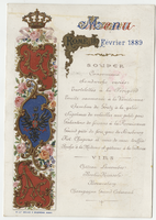House of Savoy royal family residence, dinner menu, February 18, 1889