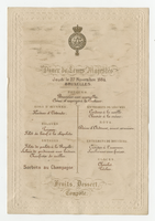 Belgian Royal Family residence, dinner for Their Belgian Majesties, menu, Thursday, November 27, 1884