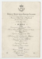 Banquet offered by the Cavalry Corps of the Antwerp Civic Guard to its commandant, Aug. Van Strydonck, knight of the Order of Leopold, menu, May 28, 1885