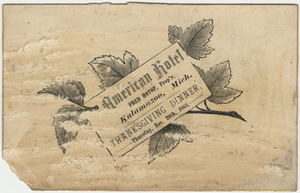 Thanksgiving dinner menu, Thursday, November 29, 1883, American Hotel