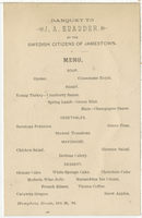 Menu for the banquet to J. A. Enander by the Swedish Citizens of Jamestown, October 28, 1884, at Humphrey House