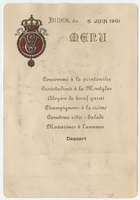 House of Savoy Royal Family residence, dinner menu, June 5, 1901