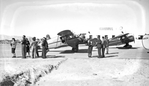 Film transparency of an airplane and passengers, Boulder City (Boulder Dam) Airport, circa 1930-1940