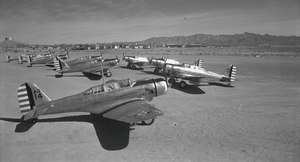 Film transparency of an Army pursuit airplane, Boulder City (Boulder Dam) Airport, circa 1930-1940