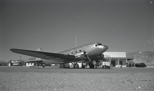Film transparency of a TWA passenger plane, Boulder City (Boulder Dam) Airport, circa 1930-1940