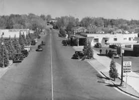 Film transparency of stores on Arizona Street, Boulder City, Nevada, circa 1930-1940