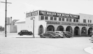 Film transparency of the Boulder Dam Service Bureau and movie theater, Boulder City, Nevada, circa 1932-1940