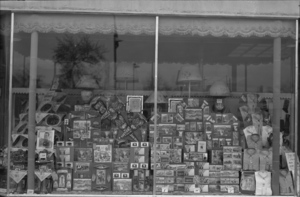 Film transparency of the window of the Visitors Bureau, Boulder City, Nevada, circa 1933-1940